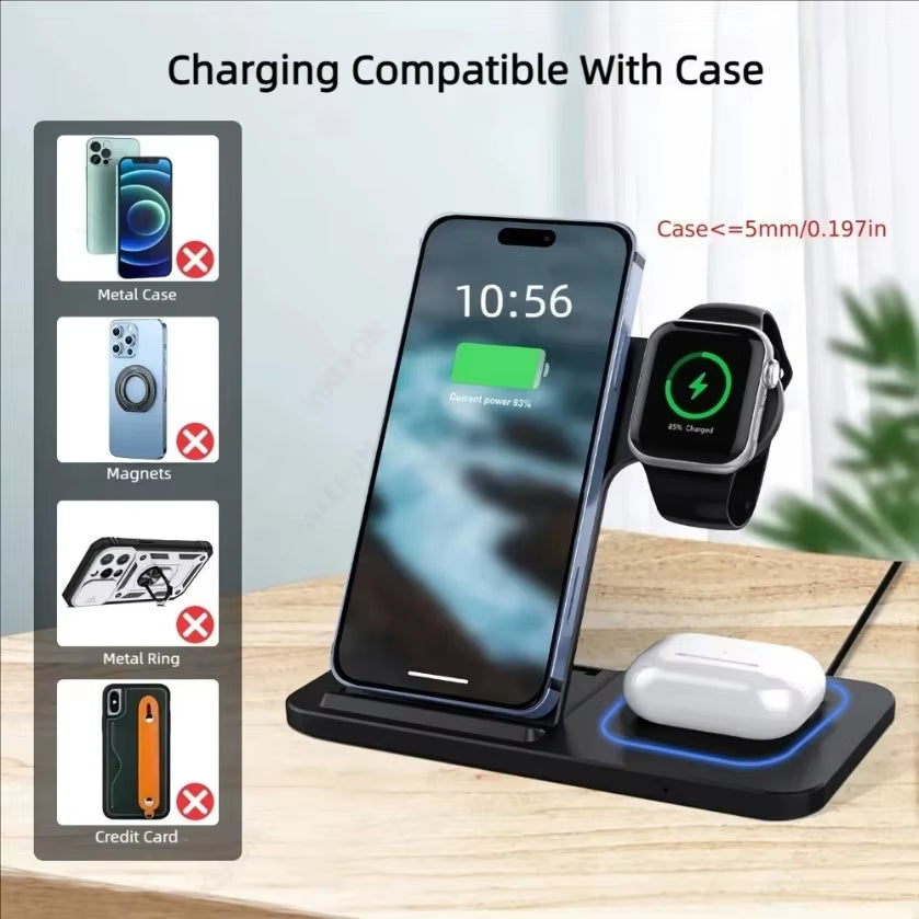 Foldable Wireless Charging Station for Iphone 16 15 14 13 12 Iwatch Ultra Airpods 4 Pro 3 in 1 Fast Charger Stand Dock