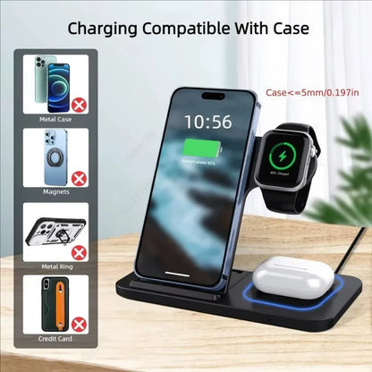 Foldable Wireless Charging Station for Iphone 16 15 14 13 12 Iwatch Ultra Airpods 4 Pro 3 in 1 Fast Charger Stand Dock