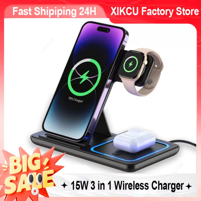 Foldable Wireless Charging Station for Iphone 16 15 14 13 12 Iwatch Ultra Airpods 4 Pro 3 in 1 Fast Charger Stand Dock